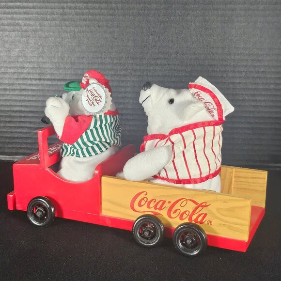 Vintage Red Wooden Coca Cola Truck With 2 White Coca Cola Bean Bag Plush Bears - Picture 3 of 11